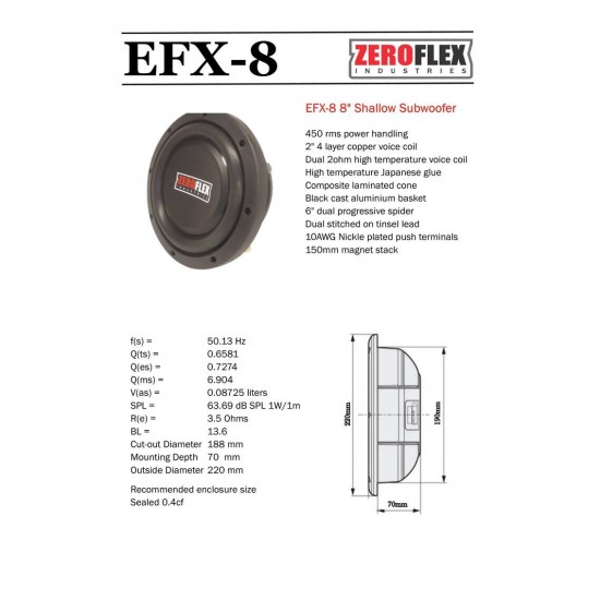 ZeroFlex EFX-8 8" 300W RMS Dual 4 ohm Voice Coil Shallow Car Subwoofer - In Stock At Distribution Centre