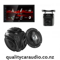JVC KW-M180BT Bluetooth Car Stereo + JVC CS-ZX640 6.5" 4 Way Coaxial Car Speakers + Blaupunkt RC1.1 Camera combo deal